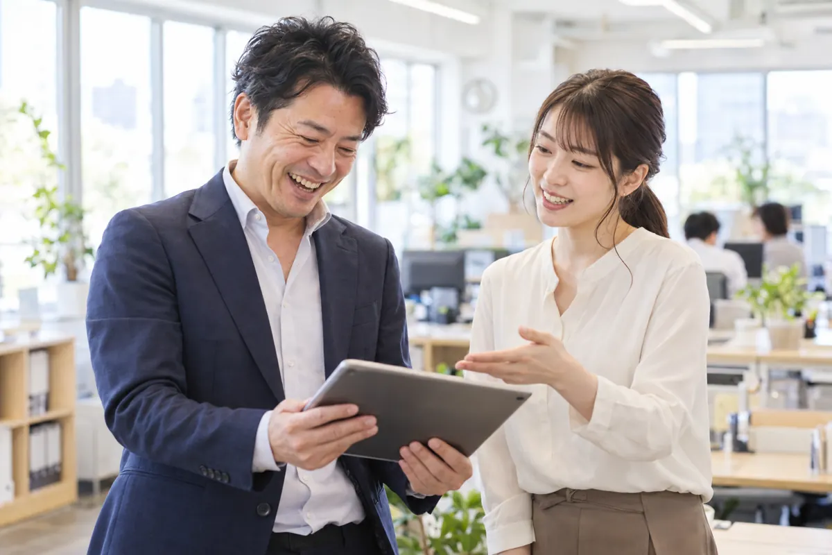 タブレットを見ながら笑顔で話す経営者と社員